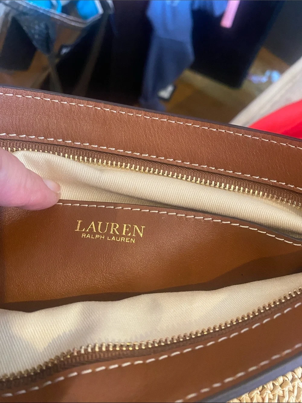Straw and Brown Leather Wristlet Clutch - Beige